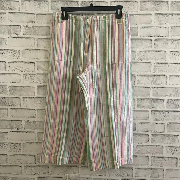 Women’s Talbots Petites striped multi-color 100% linen cropped wide leg pants 10 - Picture 1 of 4